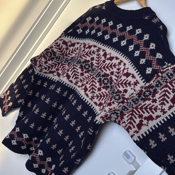 Vintage Sweater Men Large Navy Burgundy Cream 100% Wool Nordic FairIsle 90s Ski - Picture 8 of 16